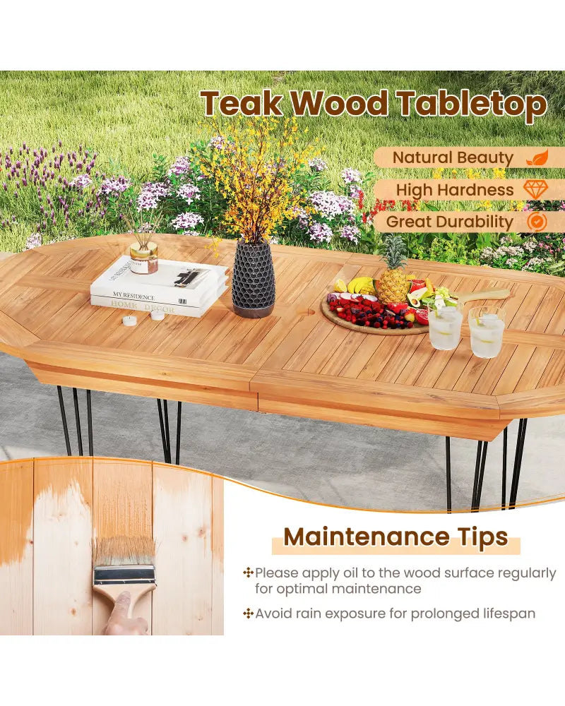 6 Person 71 Inch Patio Dining Table with Teak Wood Tabletop - Natural - Patio Dining Tables