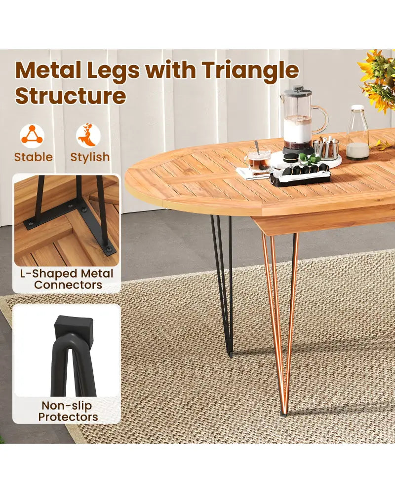 6 Person 71 Inch Patio Dining Table with Teak Wood Tabletop - Natural - Patio Dining Tables