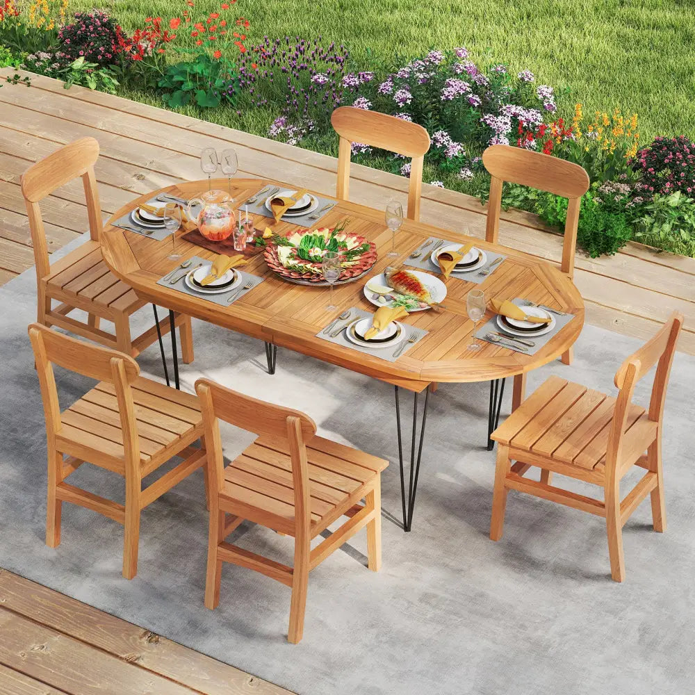 6 Person 71 Inch Patio Dining Table with Teak Wood Tabletop - Natural - Patio Dining Tables