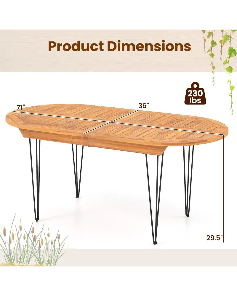 6 Person 71 Inch Patio Dining Table with Teak Wood Tabletop - Natural - Patio Dining Tables