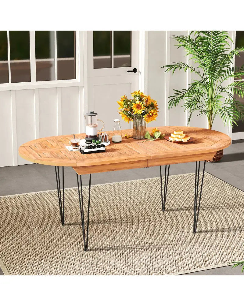 6 Person 71 Inch Patio Dining Table with Teak Wood Tabletop - Natural - Patio Dining Tables