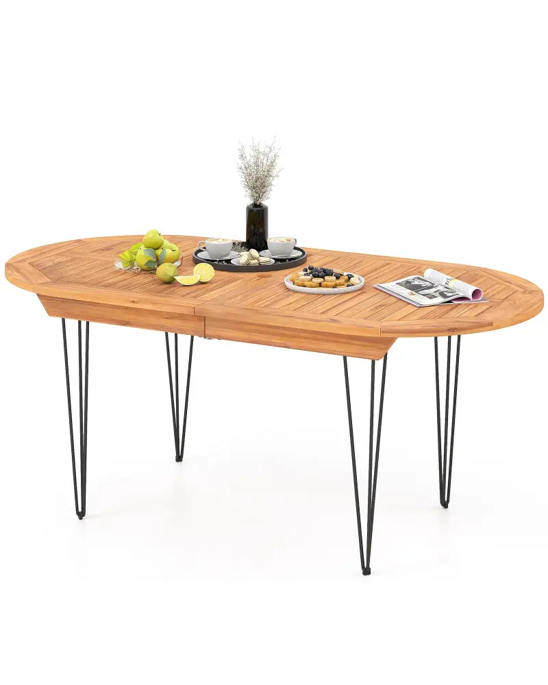 6 Person 71 Inch Patio Dining Table with Teak Wood Tabletop - Natural - Patio Dining Tables