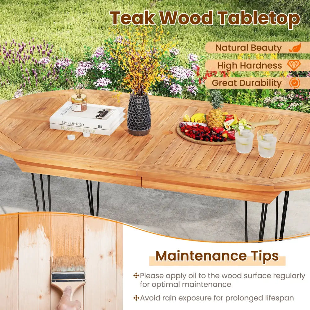 6 Person 71 Inch Patio Dining Table with Teak Wood Tabletop - Natural - Patio Dining Tables
