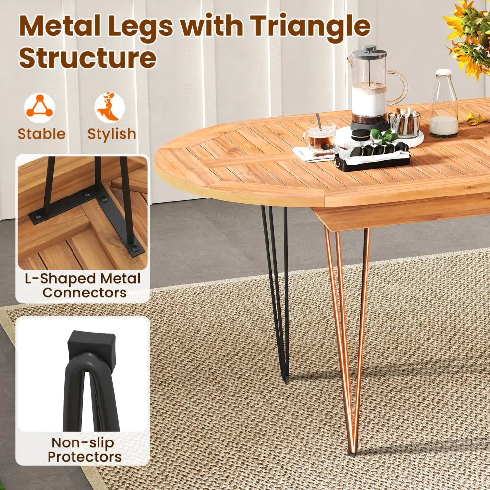 6 Person 71 Inch Patio Dining Table with Teak Wood Tabletop - Natural - Patio Dining Tables