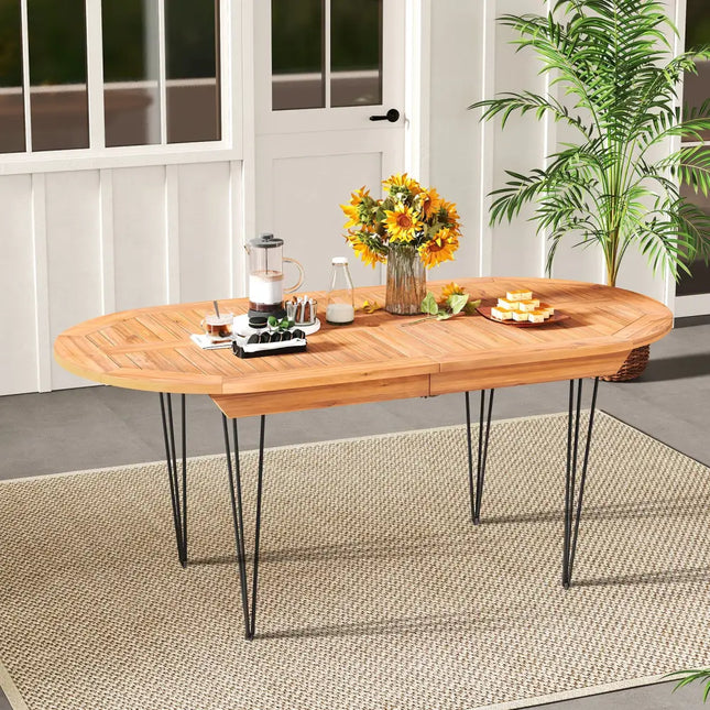 6 Person 71 Inch Patio Dining Table with Teak Wood Tabletop - Natural - Patio Dining Tables