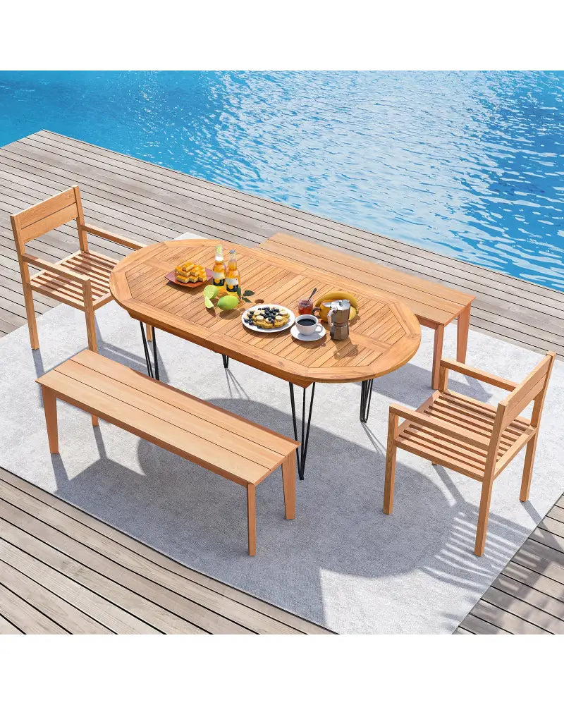 6 Person 71 Inch Patio Dining Table with Teak Wood Tabletop - Natural - Patio Dining Tables