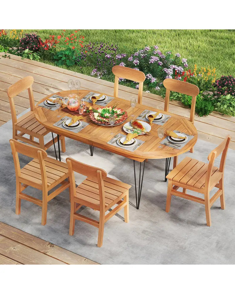 6 Person 71 Inch Patio Dining Table with Teak Wood Tabletop - Natural - Patio Dining Tables