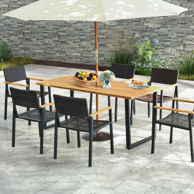 6-Person Acacia Wood Outdoor Dining Table with 2 Inch Umbrella Hole - Natural - Patio Dining Tables