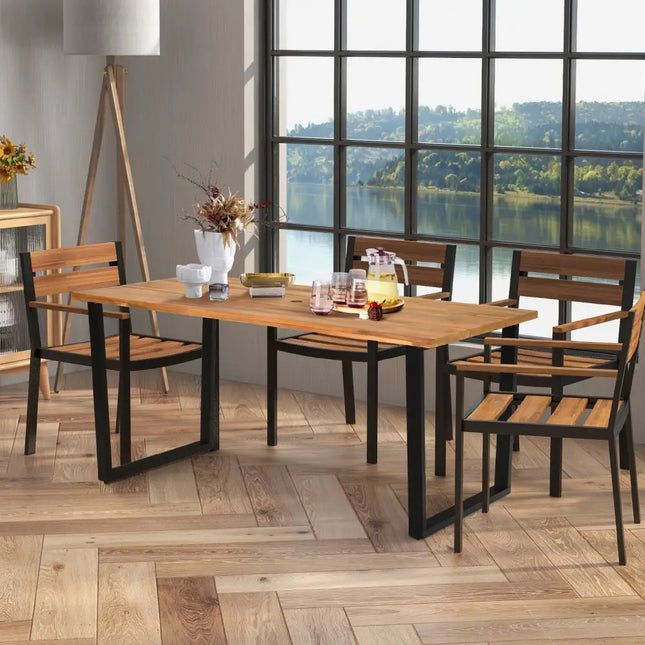 6-Person Acacia Wood Outdoor Dining Table with 2 Inch Umbrella Hole - Natural - Patio Dining Tables