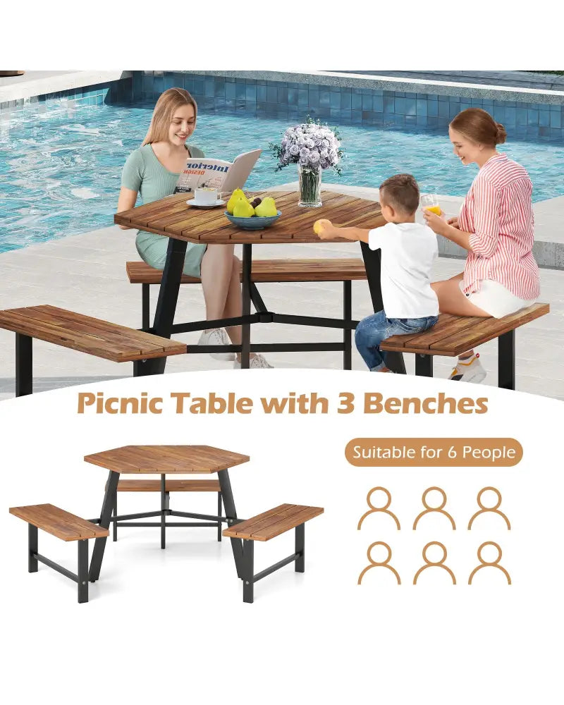 6 Person Acacia Wood Picnic Table Bench Set with 3 Seats - Brown - Picnic Tables
