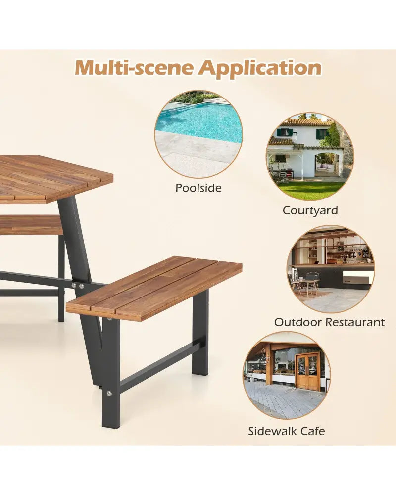 6 Person Acacia Wood Picnic Table Bench Set with 3 Seats - Brown - Picnic Tables