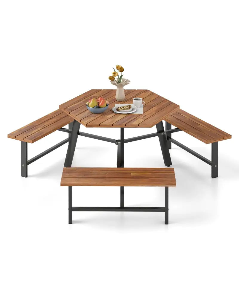 6 Person Acacia Wood Picnic Table Bench Set with 3 Seats - Brown - Picnic Tables