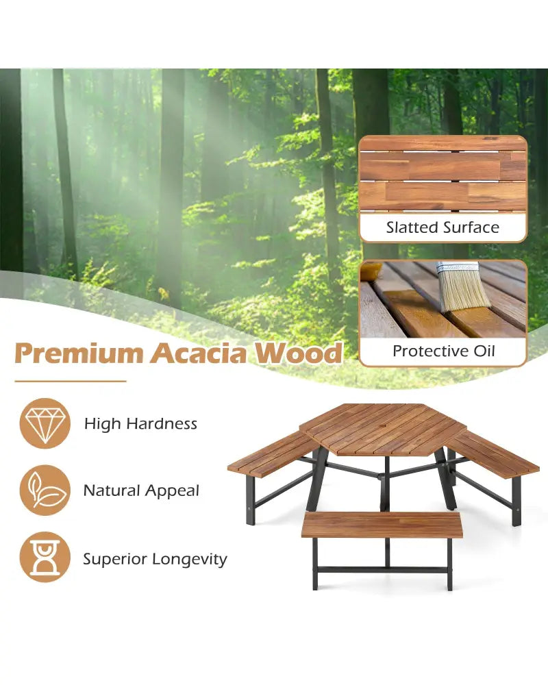 6 Person Acacia Wood Picnic Table Bench Set with 3 Seats - Brown - Picnic Tables