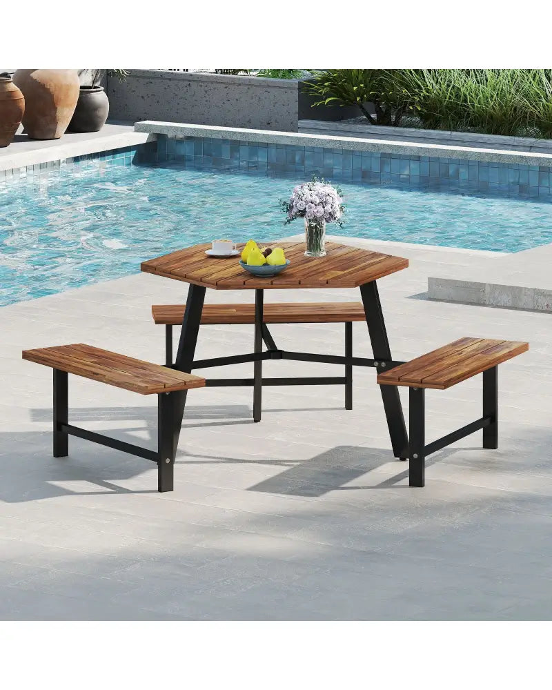 6 Person Acacia Wood Picnic Table Bench Set with 3 Seats - Brown - Picnic Tables