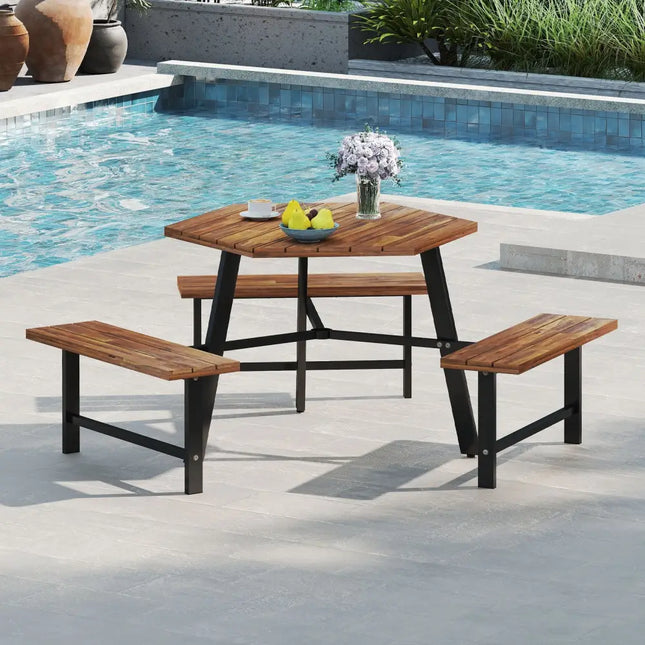 6 Person Acacia Wood Picnic Table Bench Set with 3 Seats - Brown - Picnic Tables