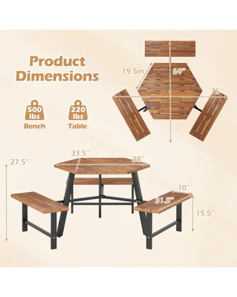 6 Person Acacia Wood Picnic Table Bench Set with 3 Seats - Brown - Picnic Tables