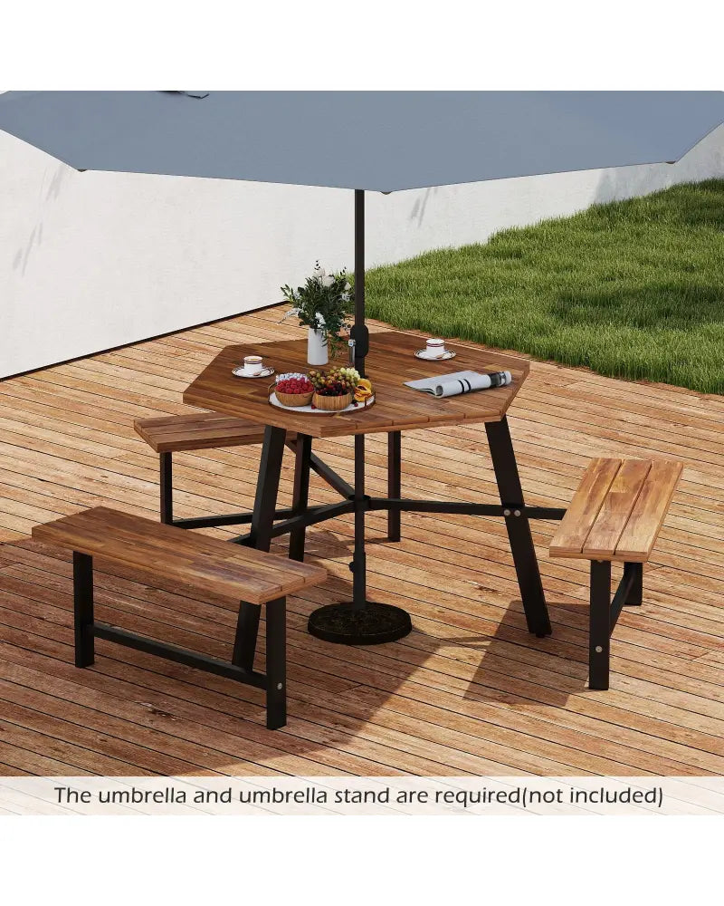 6 Person Acacia Wood Picnic Table Bench Set with 3 Seats - Brown - Picnic Tables