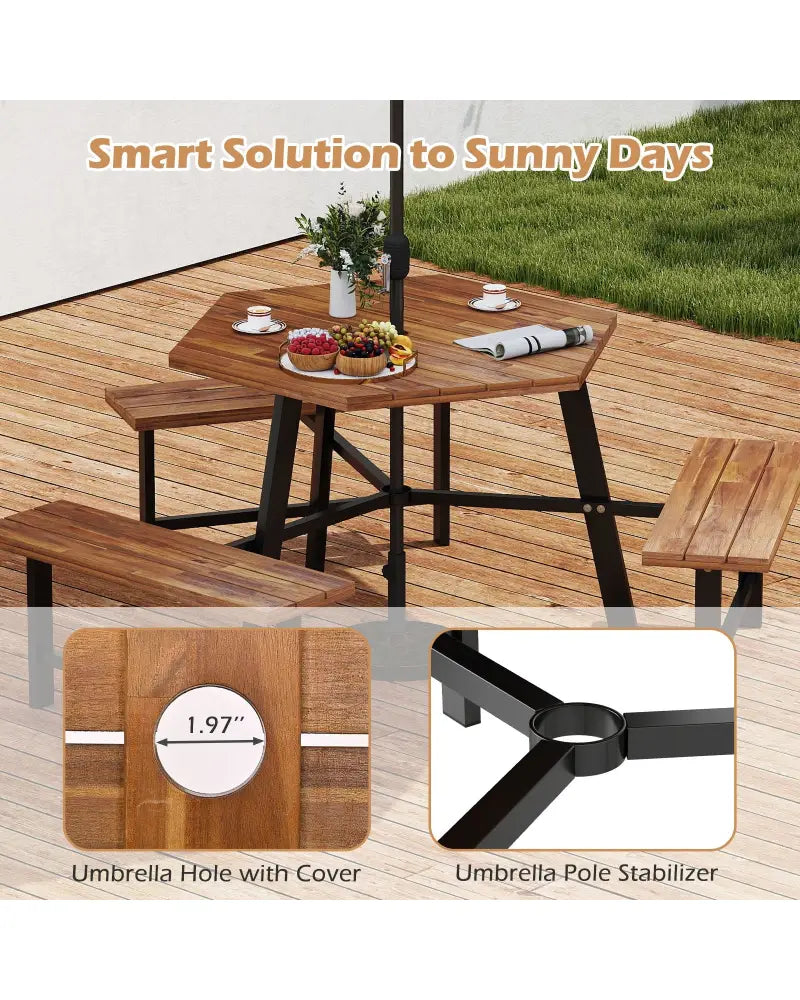 6 Person Acacia Wood Picnic Table Bench Set with 3 Seats - Brown - Picnic Tables