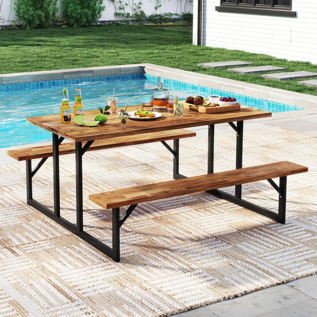 6-Person Acacia Wood Picnic Table with 2 Built-In Benches - Brown - Picnic Tables