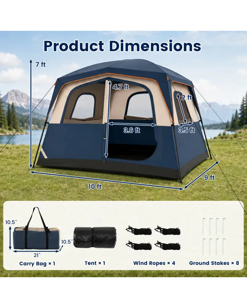6-Person Camping Tent Easy Setup Family Cabin Tent with Top Rainfly Mesh Windows-Blue - Navy - Tents