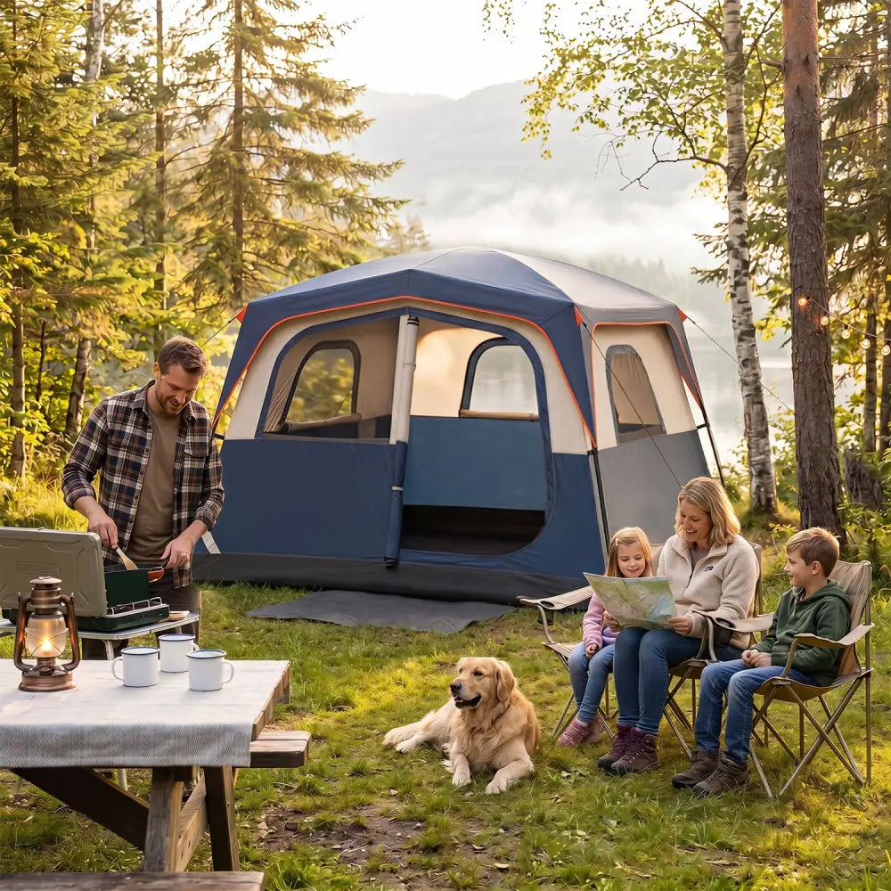 6-Person Camping Tent Easy Setup Family Cabin Tent with Top Rainfly Mesh Windows-Blue - Navy - Tents