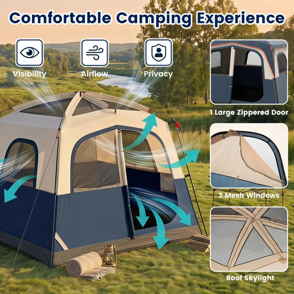 6-Person Camping Tent Easy Setup Family Cabin Tent with Top Rainfly Mesh Windows-Blue - Navy - Tents