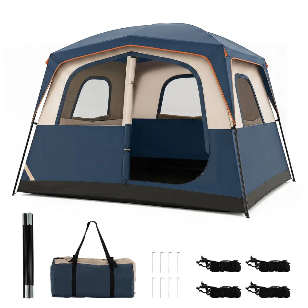 6-Person Camping Tent Easy Setup Family Cabin Tent with Top Rainfly Mesh Windows-Blue - Navy - Tents