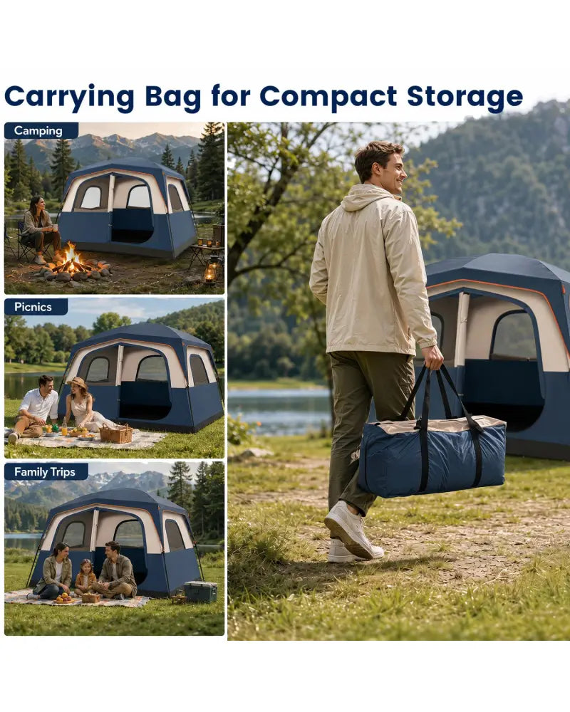 6-Person Camping Tent Easy Setup Family Cabin Tent with Top Rainfly Mesh Windows-Blue - Navy - Tents