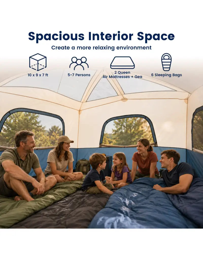 6-Person Camping Tent Easy Setup Family Cabin Tent with Top Rainfly Mesh Windows-Blue - Navy - Tents