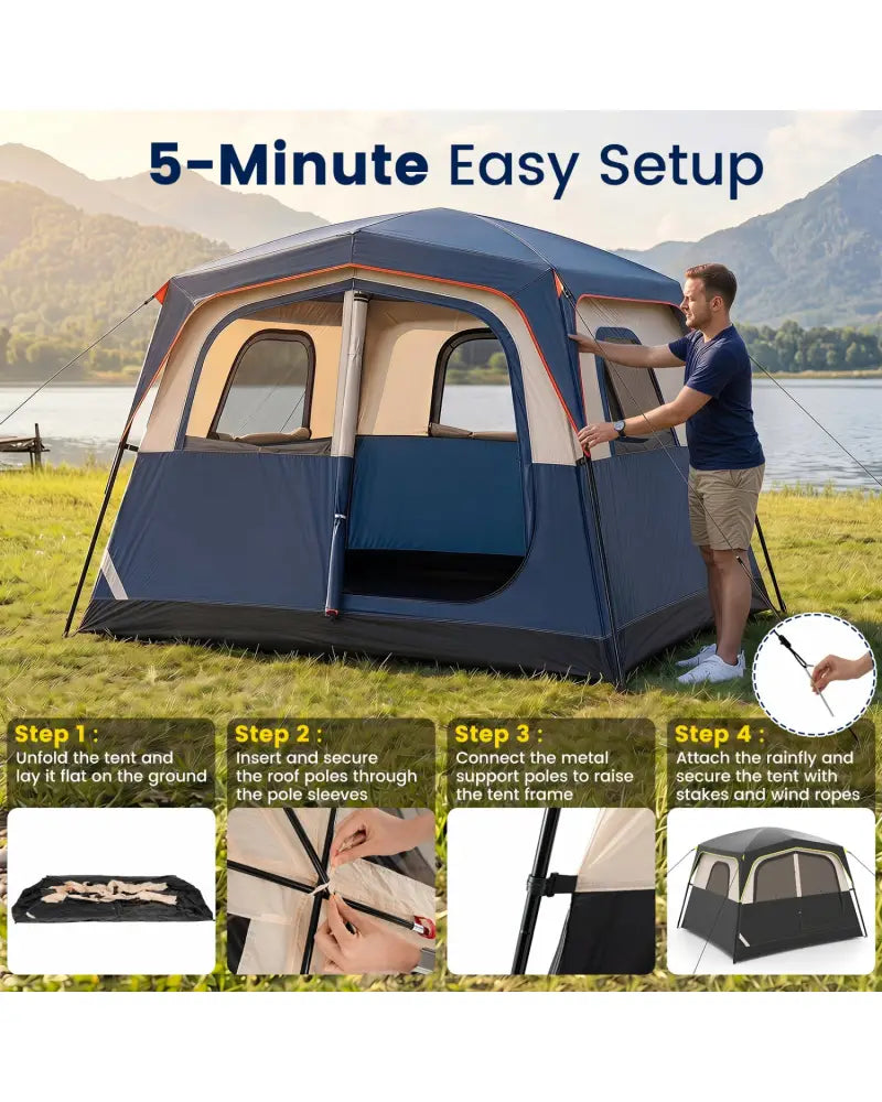 6-Person Camping Tent Easy Setup Family Cabin Tent with Top Rainfly Mesh Windows-Blue - Navy - Tents