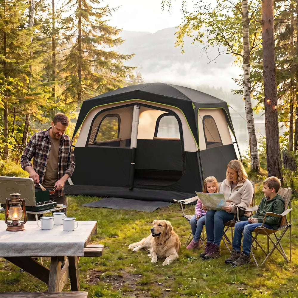 6-Person Camping Tent Easy Setup Family Cabin Tent with Top Rainfly Mesh Windows-Black - Black - Tents