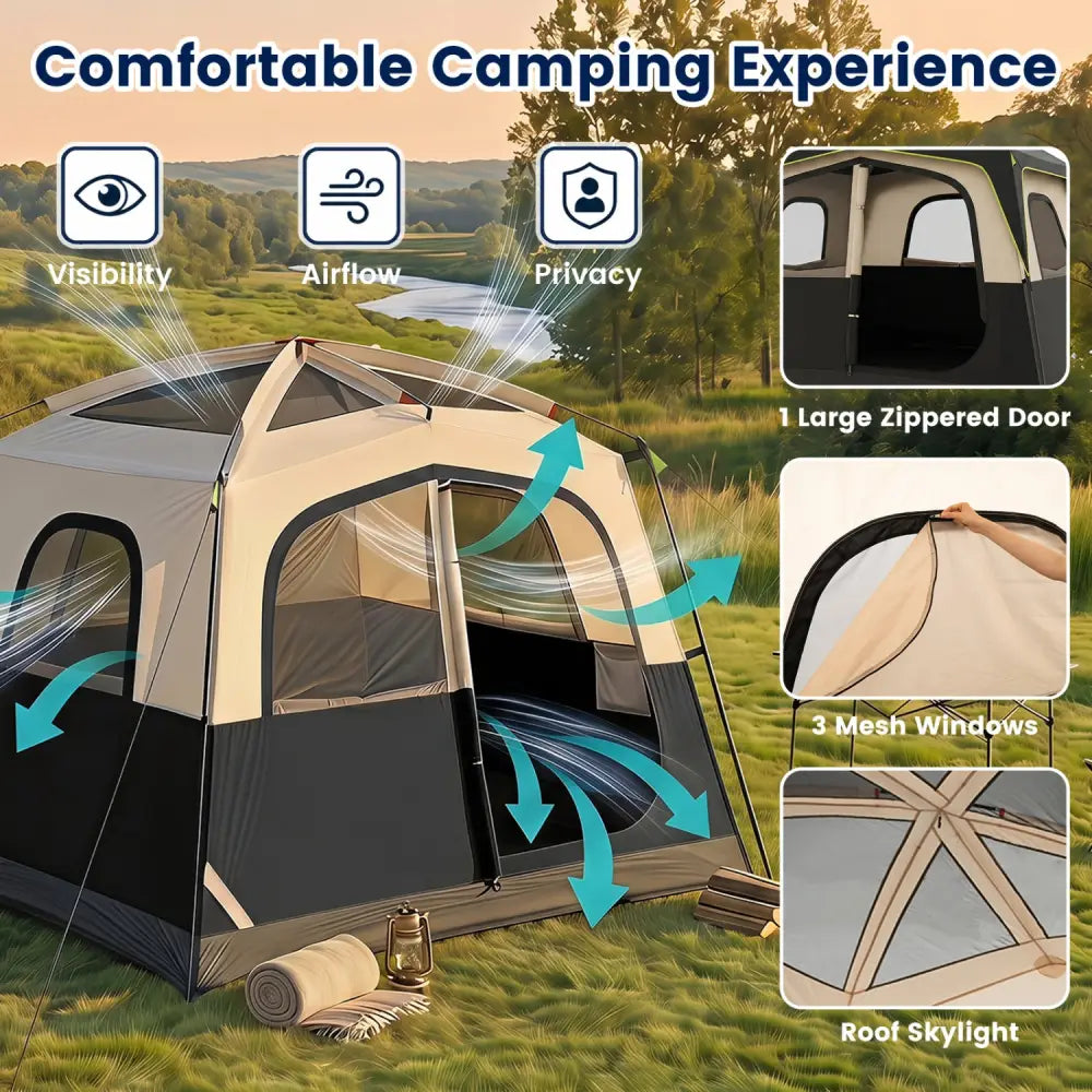6-Person Camping Tent Easy Setup Family Cabin Tent with Top Rainfly Mesh Windows-Black - Black - Tents