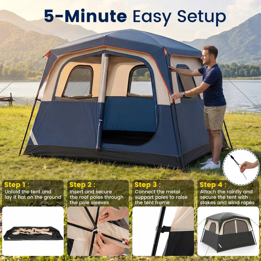 6-Person Camping Tent Easy Setup Family Cabin Tent with Top Rainfly Mesh Windows-Blue - Navy - Tents