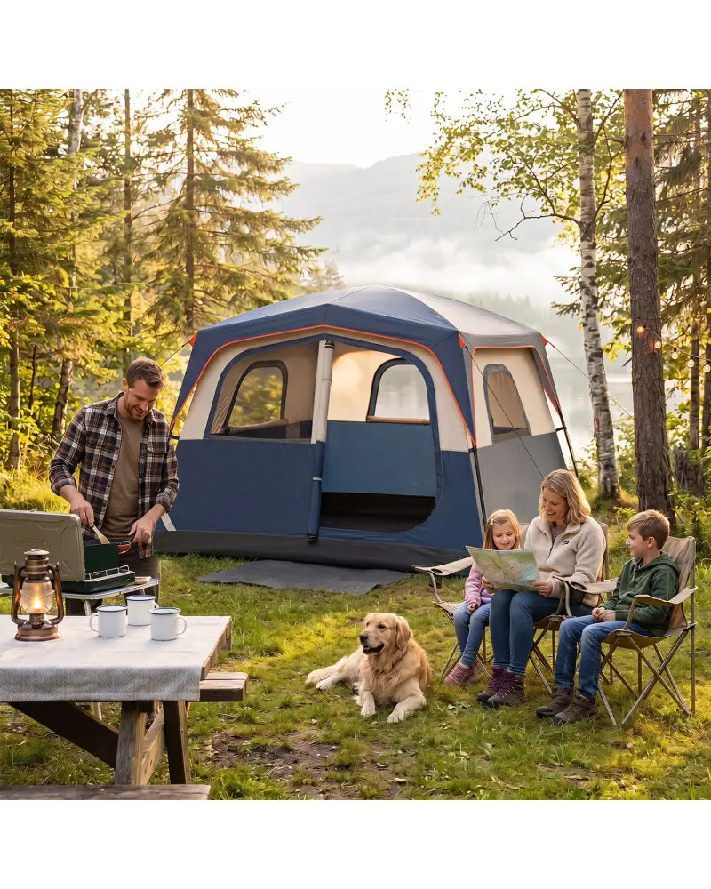 6-Person Camping Tent Easy Setup Family Cabin Tent with Top Rainfly Mesh Windows-Blue - Navy - Tents