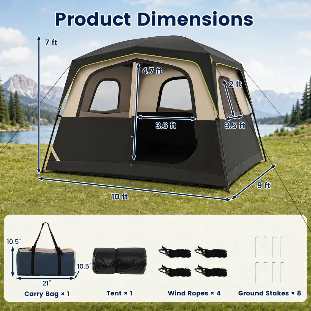 6-Person Camping Tent Easy Setup Family Cabin Tent with Top Rainfly Mesh Windows-Black - Black - Tents