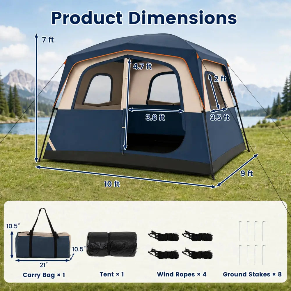 6-Person Camping Tent Easy Setup Family Cabin Tent with Top Rainfly Mesh Windows-Blue - Navy - Tents