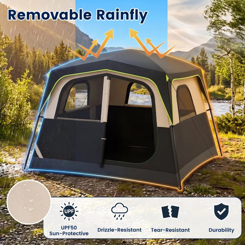 6-Person Camping Tent Easy Setup Family Cabin Tent with Top Rainfly Mesh Windows-Black - Black - Tents