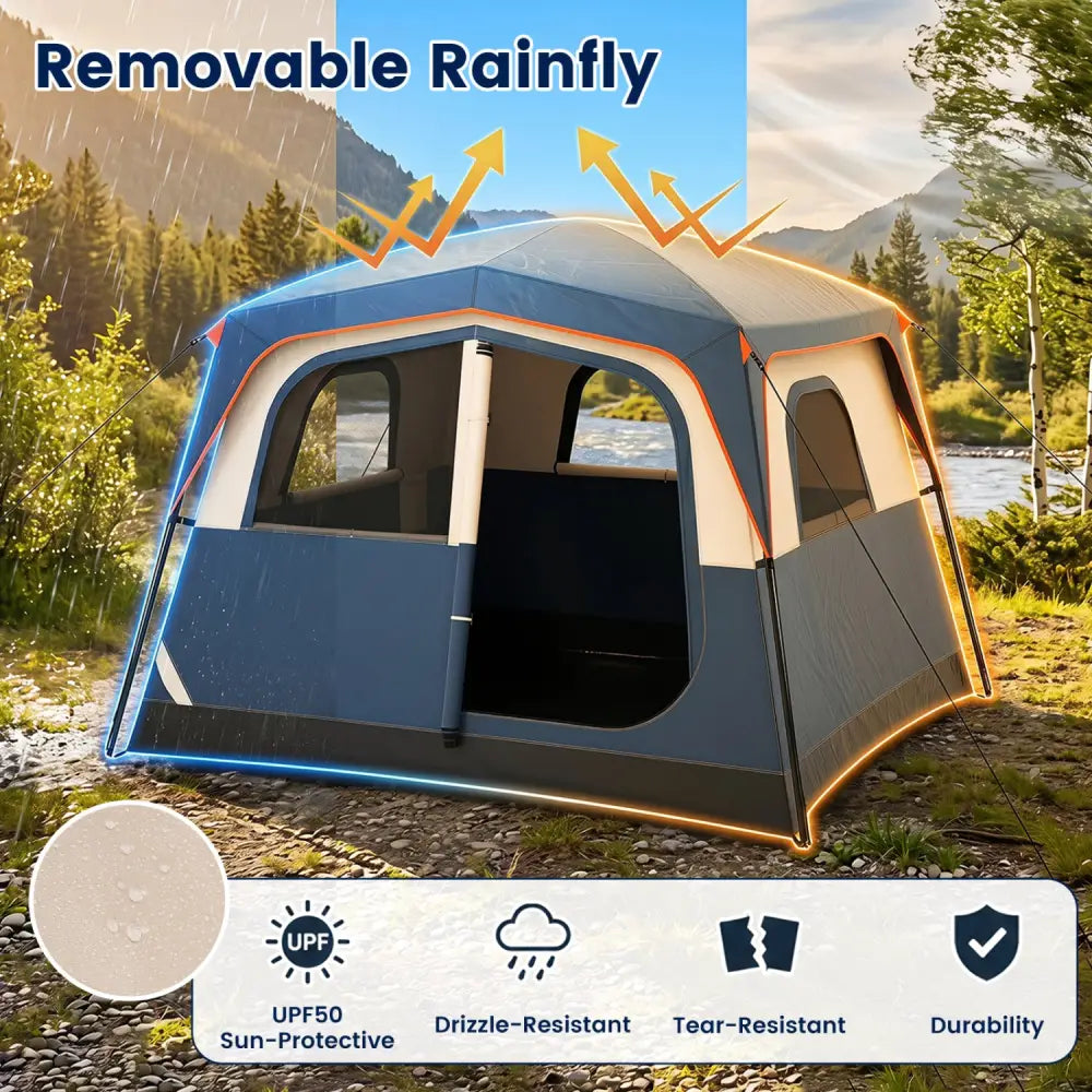 6-Person Camping Tent Easy Setup Family Cabin Tent with Top Rainfly Mesh Windows-Blue - Navy - Tents