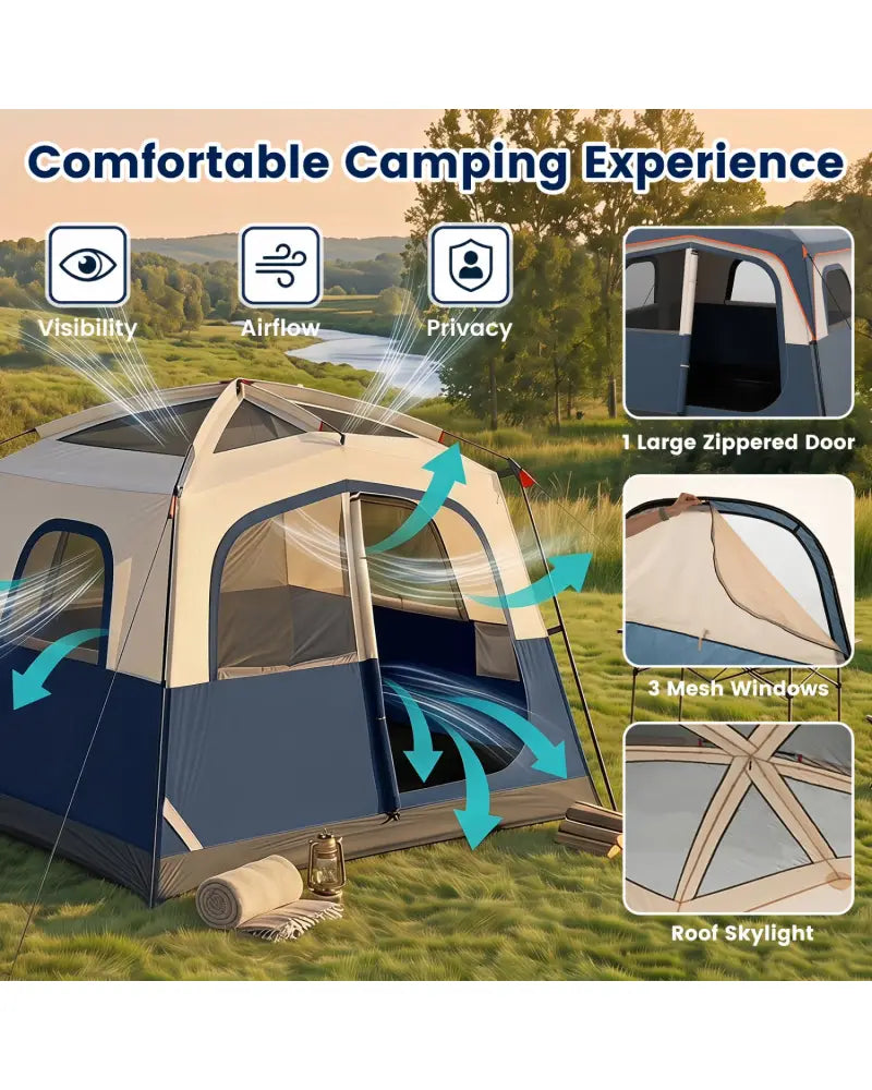 6-Person Camping Tent Easy Setup Family Cabin Tent with Top Rainfly Mesh Windows-Blue - Navy - Tents