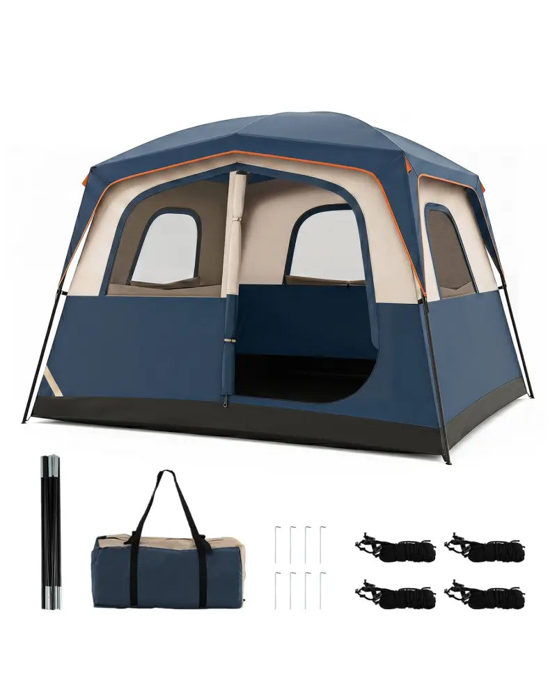 6-Person Camping Tent Easy Setup Family Cabin Tent with Top Rainfly Mesh Windows-Blue - Navy - Tents