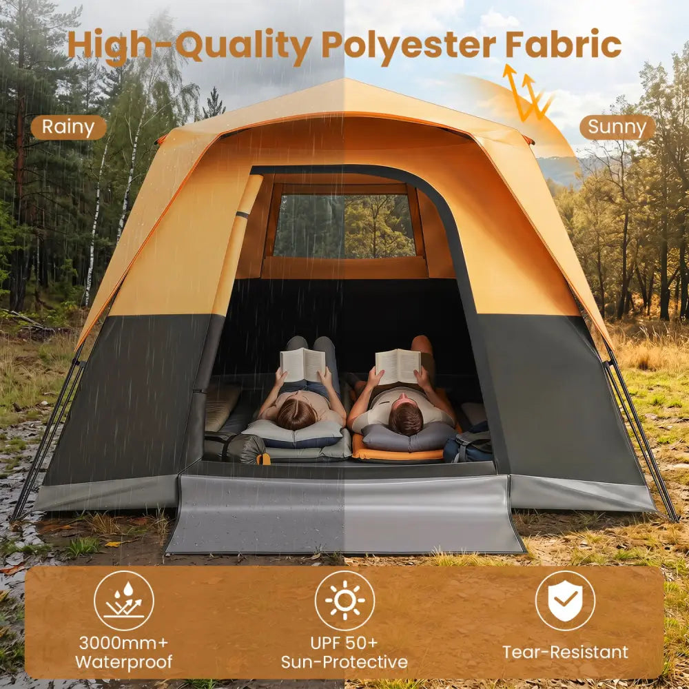 6-Person Outdoor Camping Tent Blackout Easy Setup Instant Cabin Tent with Rainfly and Carrying Bag-Orange - Orange