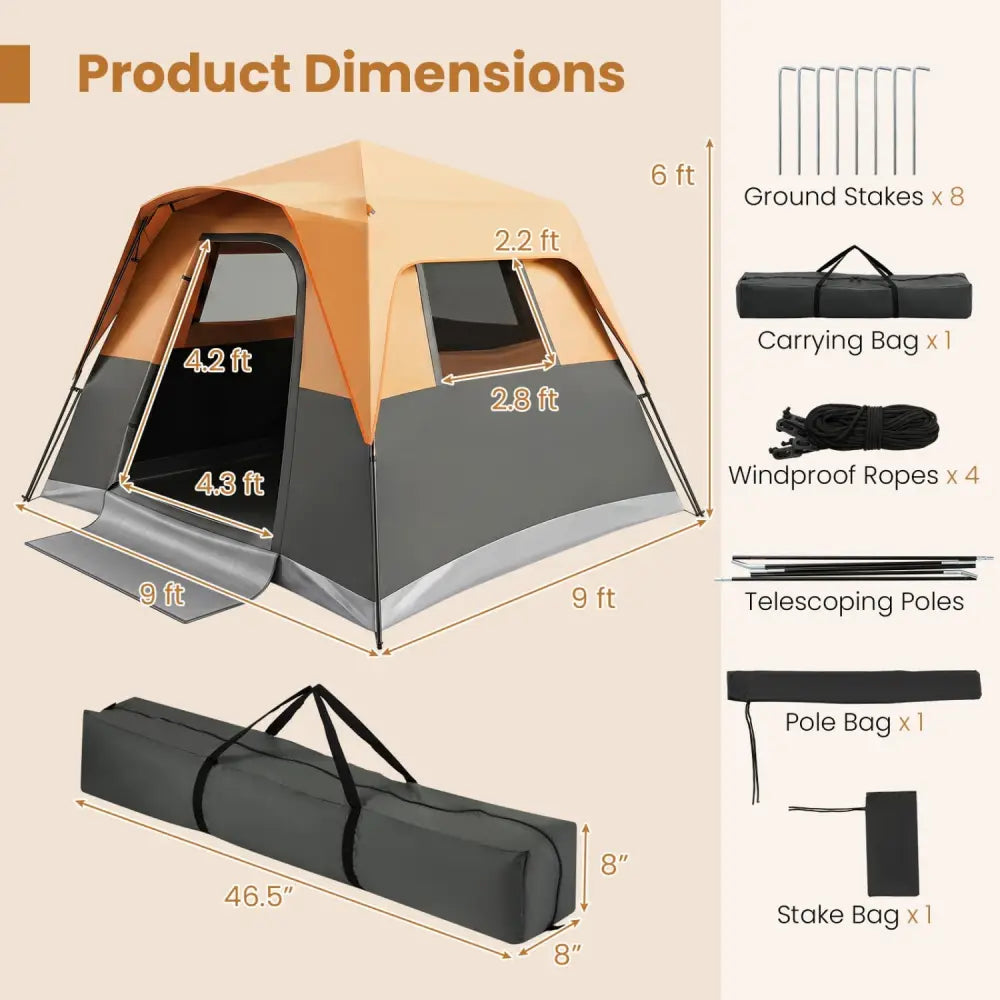 6-Person Outdoor Camping Tent Blackout Easy Setup Instant Cabin Tent with Rainfly and Carrying Bag-Orange - Orange