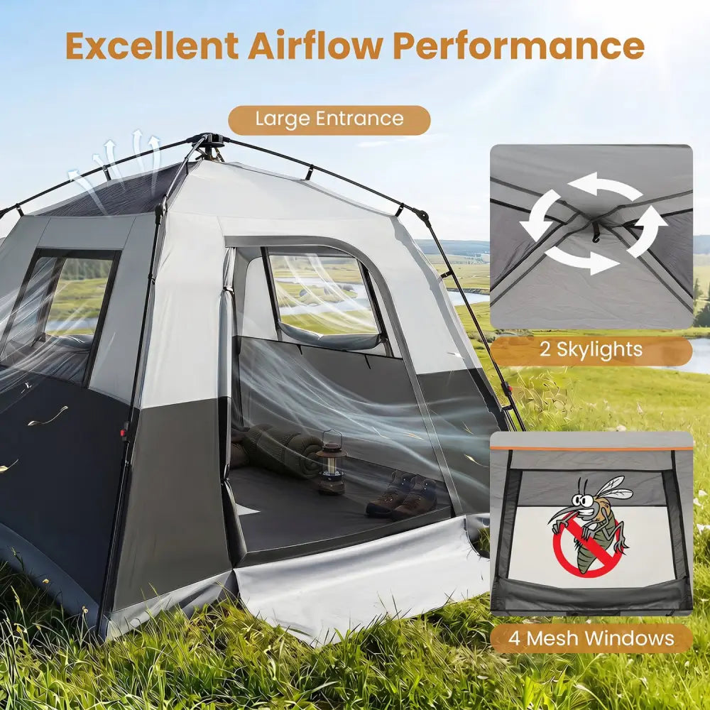 6-Person Outdoor Camping Tent Blackout Easy Setup Instant Cabin Tent with Rainfly and Carrying Bag-Grey - Gray - Tents