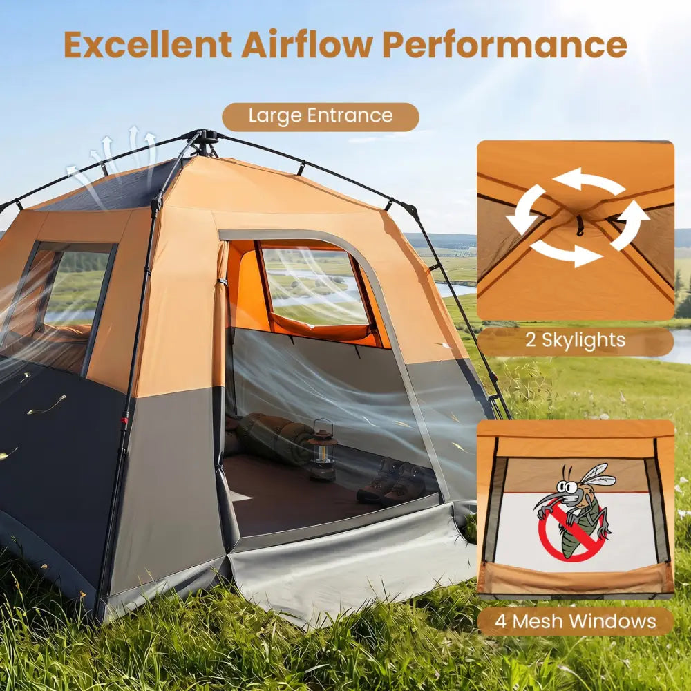 6-Person Outdoor Camping Tent Blackout Easy Setup Instant Cabin Tent with Rainfly and Carrying Bag-Orange - Orange