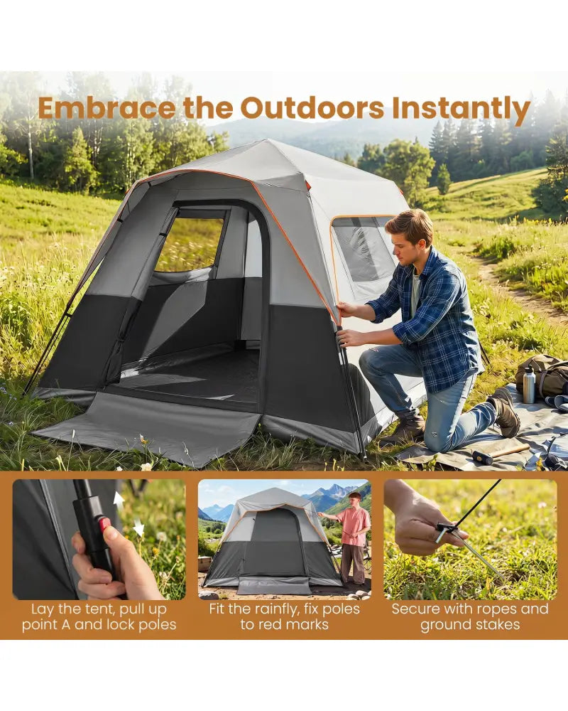 6-Person Outdoor Camping Tent Blackout Easy Setup Instant Cabin Tent with Rainfly and Carrying Bag-Grey - Gray - Tents