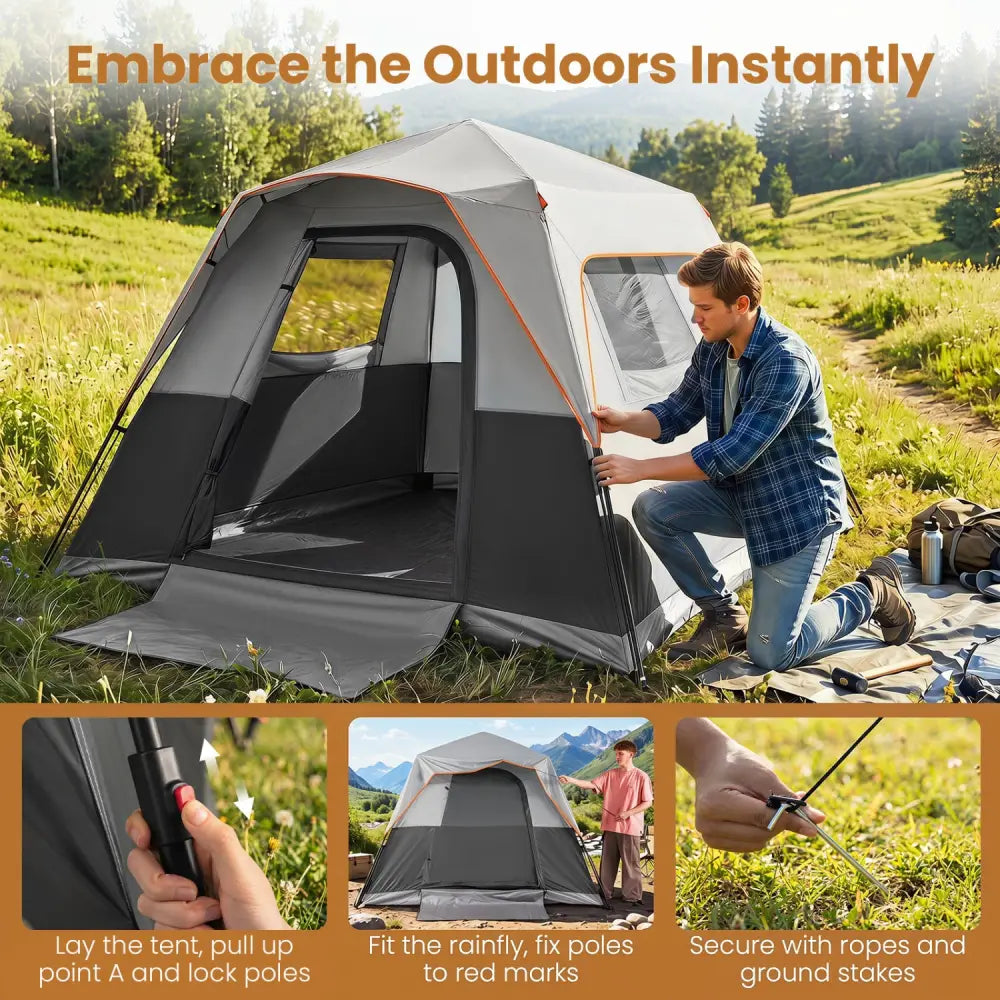 6-Person Outdoor Camping Tent Blackout Easy Setup Instant Cabin Tent with Rainfly and Carrying Bag-Grey - Gray - Tents