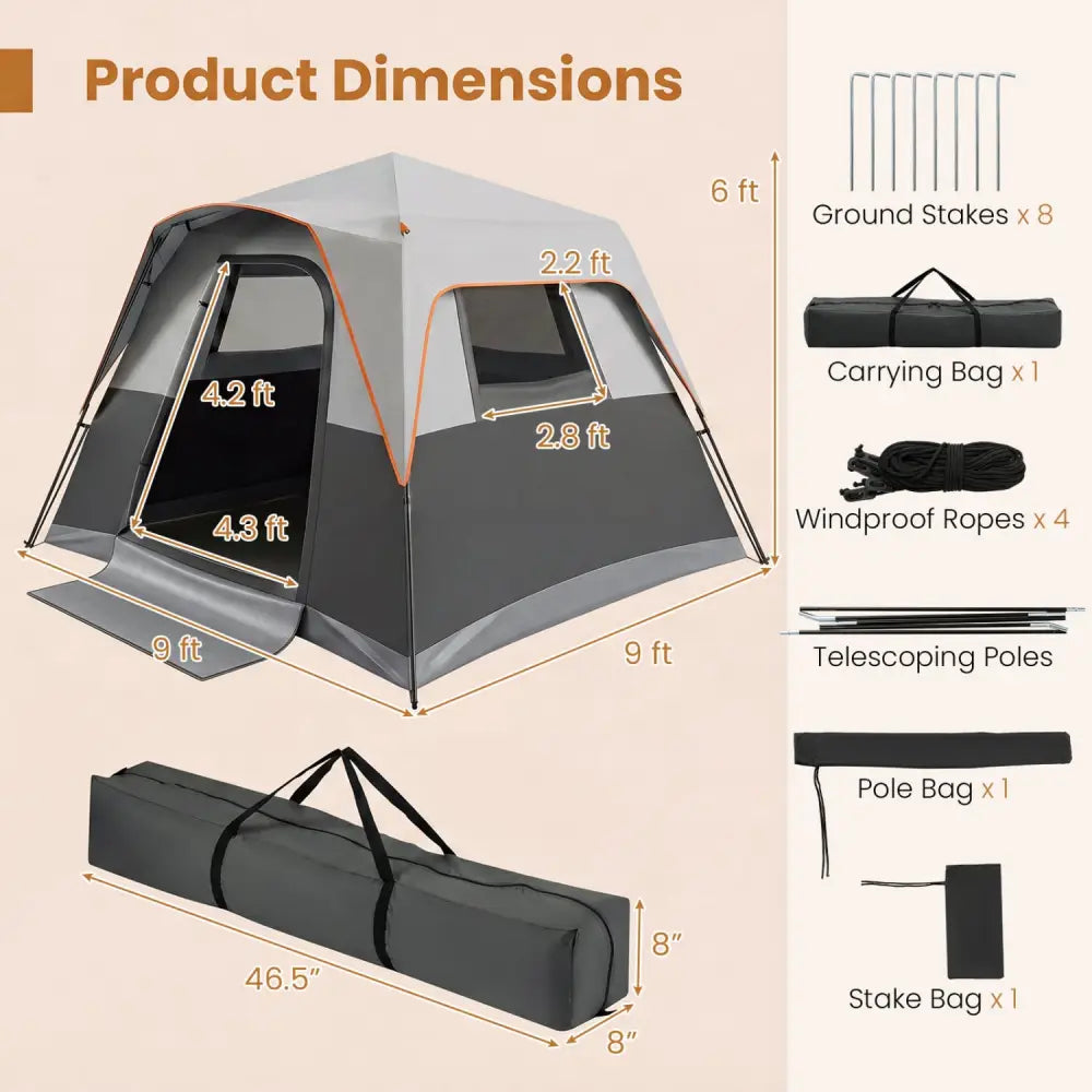 6-Person Outdoor Camping Tent Blackout Easy Setup Instant Cabin Tent with Rainfly and Carrying Bag-Grey - Gray - Tents