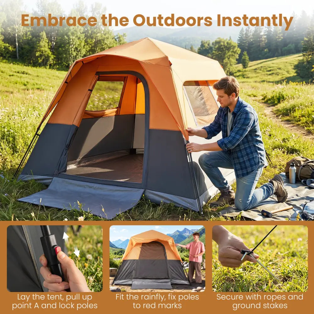 6-Person Outdoor Camping Tent Blackout Easy Setup Instant Cabin Tent with Rainfly and Carrying Bag-Orange - Orange