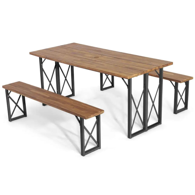 6-Person Outdoor Patio Dining Table Set with 2 Inch Umbrella Hole - Natural - Picnic Tables