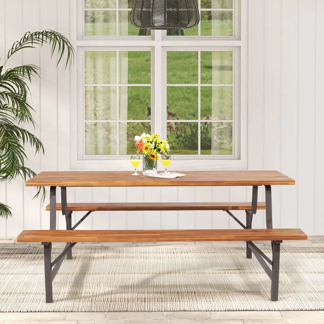 6-Person Outdoor Picnic Table and Bench Set with 2 Inch Umbrella Hole - Natural - Picnic Tables